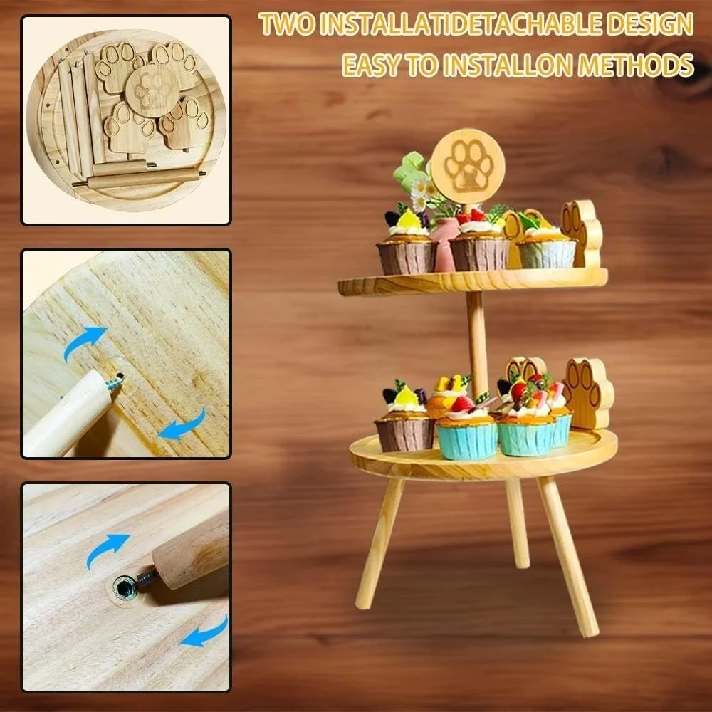 2 Tier Cupcake Tower, Diameter 11.42 Inch Tiered Tray Stand, Wooden Afternoon Te